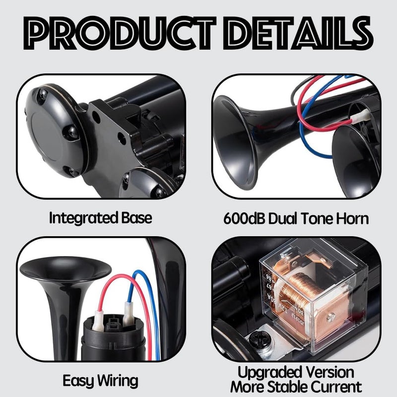 Onimento 12V 600DB Super Loud Dual Electric Air Horns Kit with Compressor Applicablefor Any 12V Vehicles SUV Truck Car Airhorns Horn Loud Motorcycle Trucks Boats Trains Speaker (Black) - Image 4